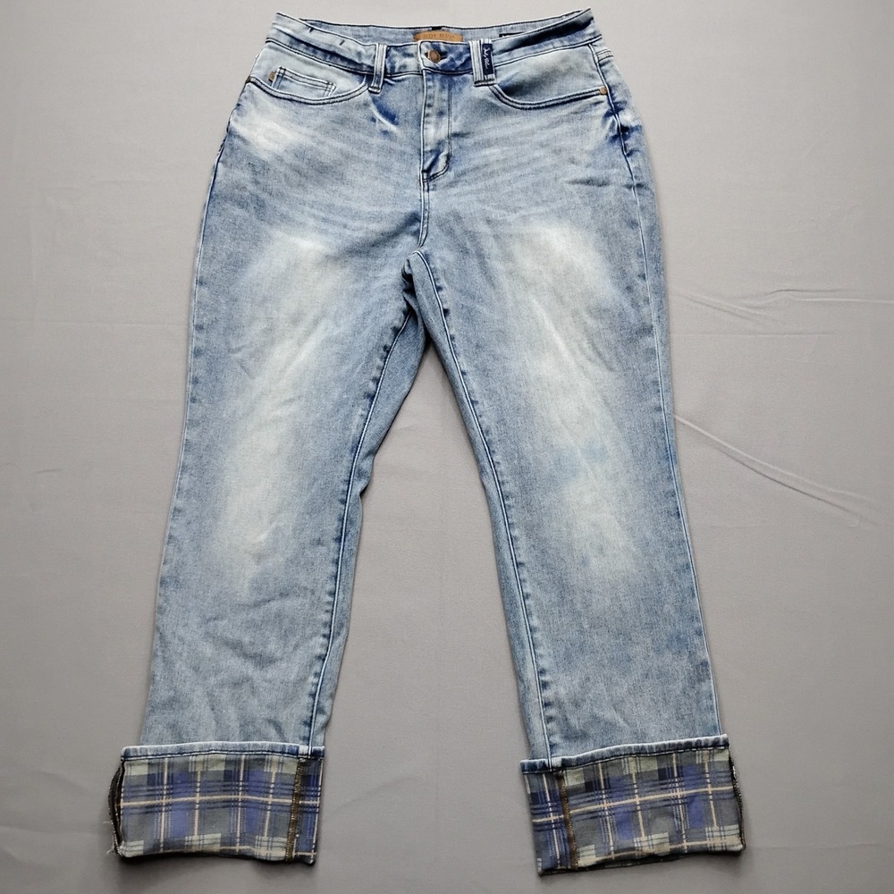 Judy Blue Plaid Cuffed Straight Leg Jeans Light Wash High Rise 14W